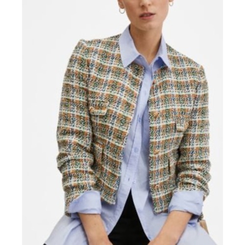 Anthropologie Autres Filles Colorful Tweed Cropped Jacket Plaid, Large, Parisian